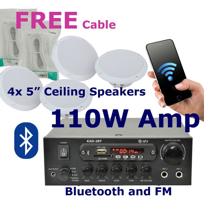4x 5inch Ceiling Speakers, Stereo Bluetooth Amplifier and Cables 103.122 B13
