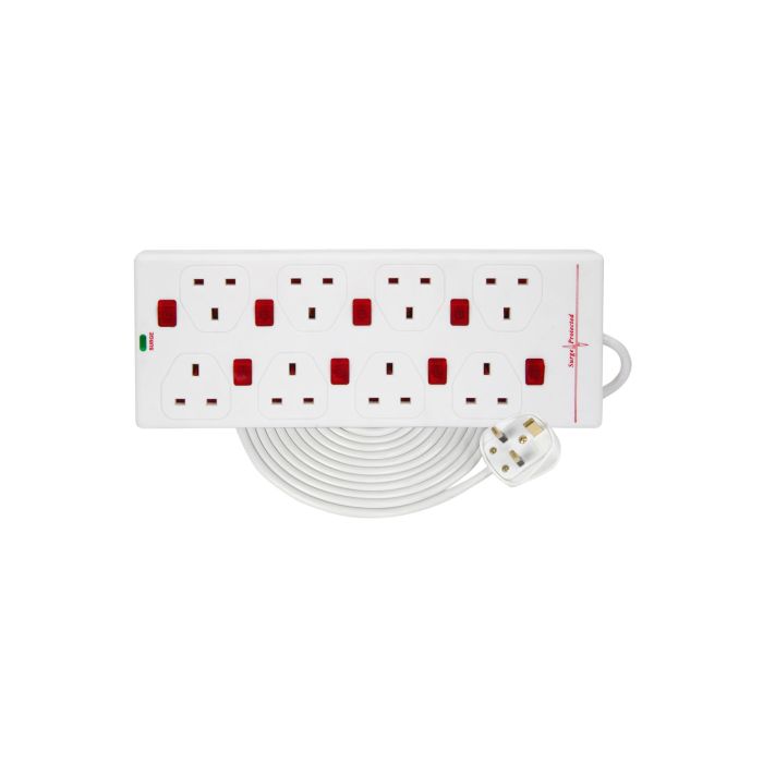 Mercury 8 Gang 13a Extension Lead With Anti-surge Protection And 8 Neon Switches