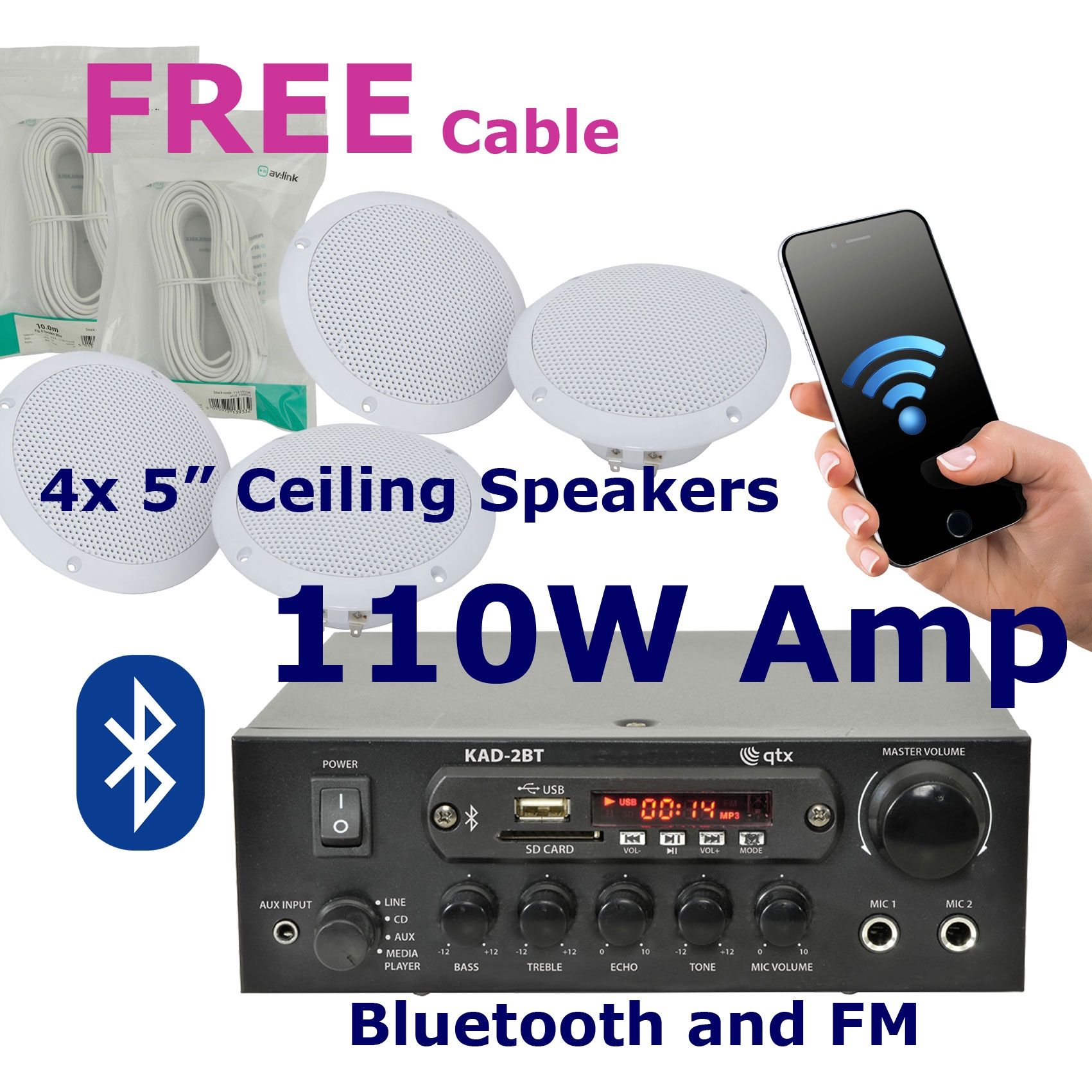 4x 5inch Ceiling Speakers, Stereo Bluetooth Amplifier and Cables 103.122 B13