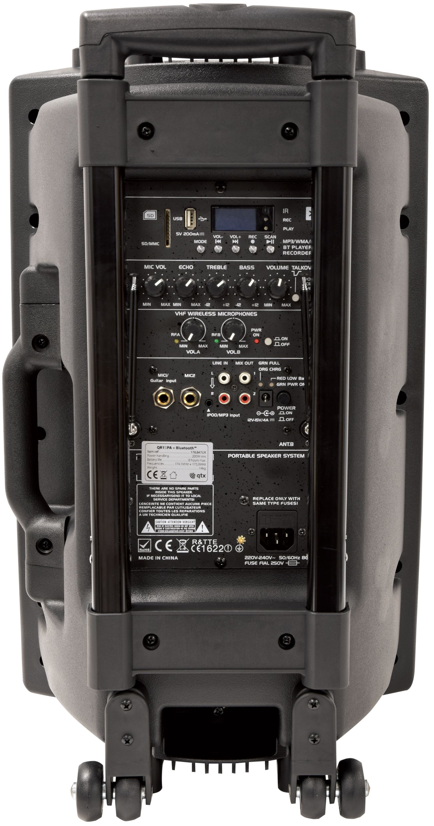 15inch Portable PA Speaker System With Bluetooth & Wireless Microphone, QTX QR15PABT 