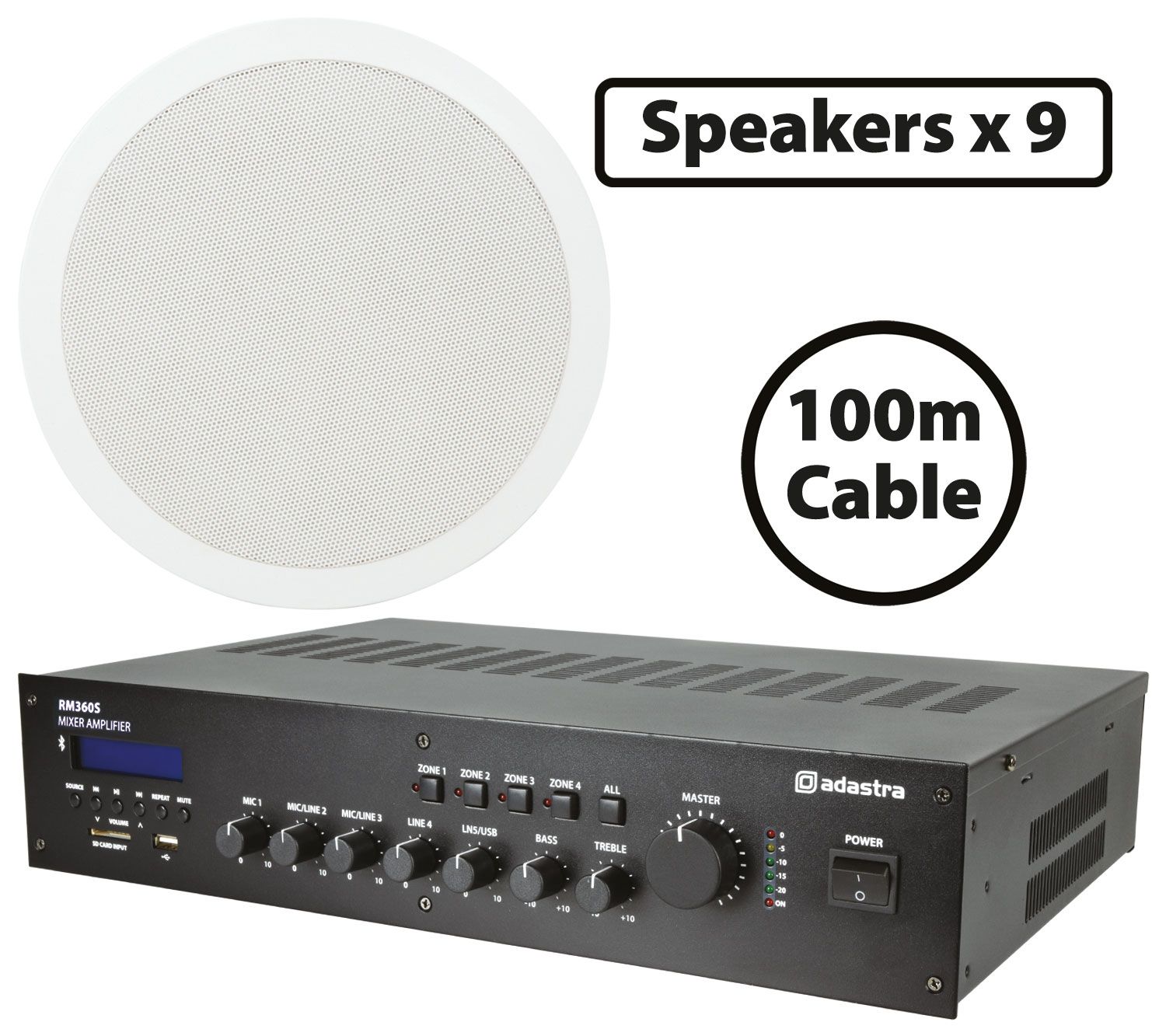 9x Commercial 100V Line Ceiling Speaker Amplifier Package