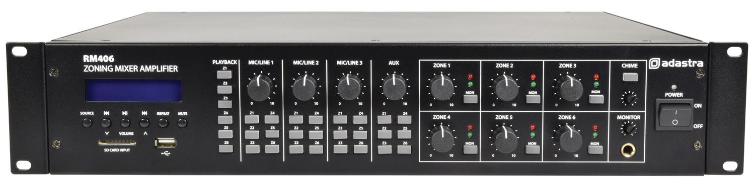 Adastra Rm406 Mixer Amplifier 100v 6 X 40w + Usb Sd Fm Bluetooth