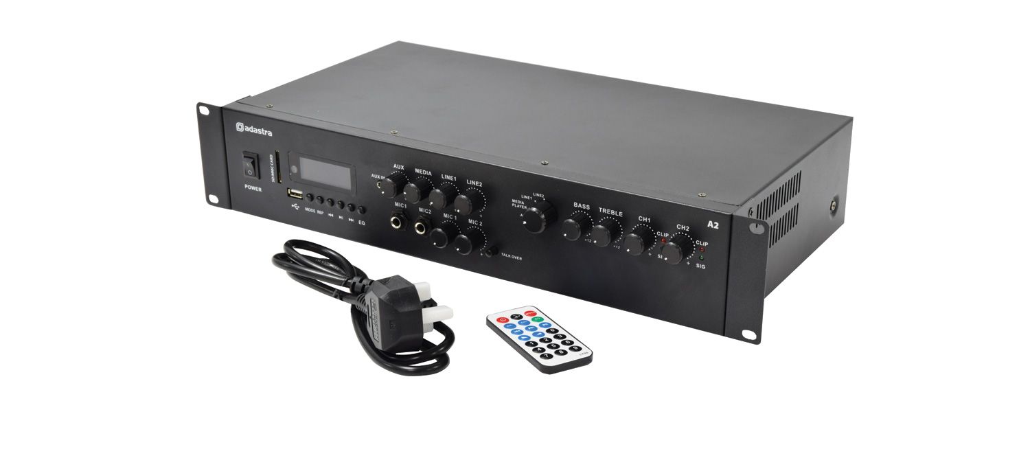 Adastra A2: 2×200 W Stereo PA Amplifier w/ FM, Bluetooth & USB/SD