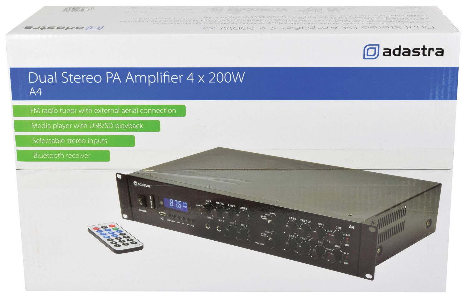 Adastra A4 4 Channel Stereo PA Amplifier, 4x 200W,  with Bluetooth