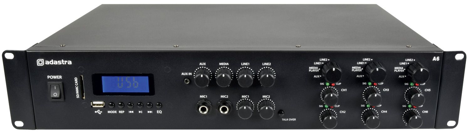 Adastra A6 3-Zone 6x200W Stereo Mixer Amplifier Bluetooth, FM, Media Player
