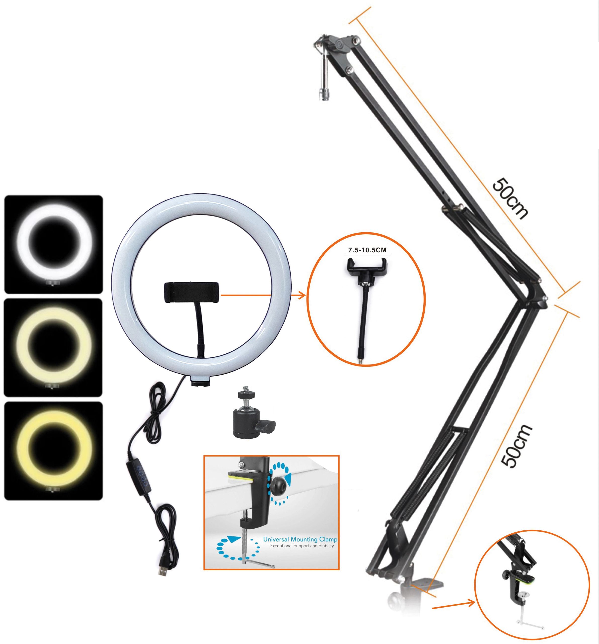 ED 360deg Selfie Ring Light with Boom Arm and Mounting Clamp